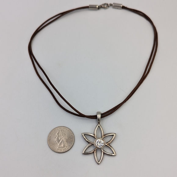 SILPADA 925 Silver Vintage Cubic Zirconia Open Flower Pendant on Leather cord - Picture 6 of 10